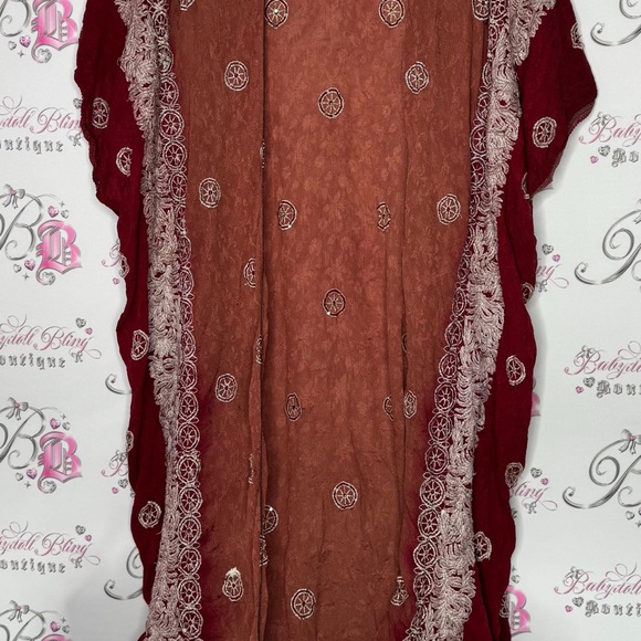 Bohemian Burgundy Lace Kimono robe cardigan one size fits all embroidered - Picture 4 of 15